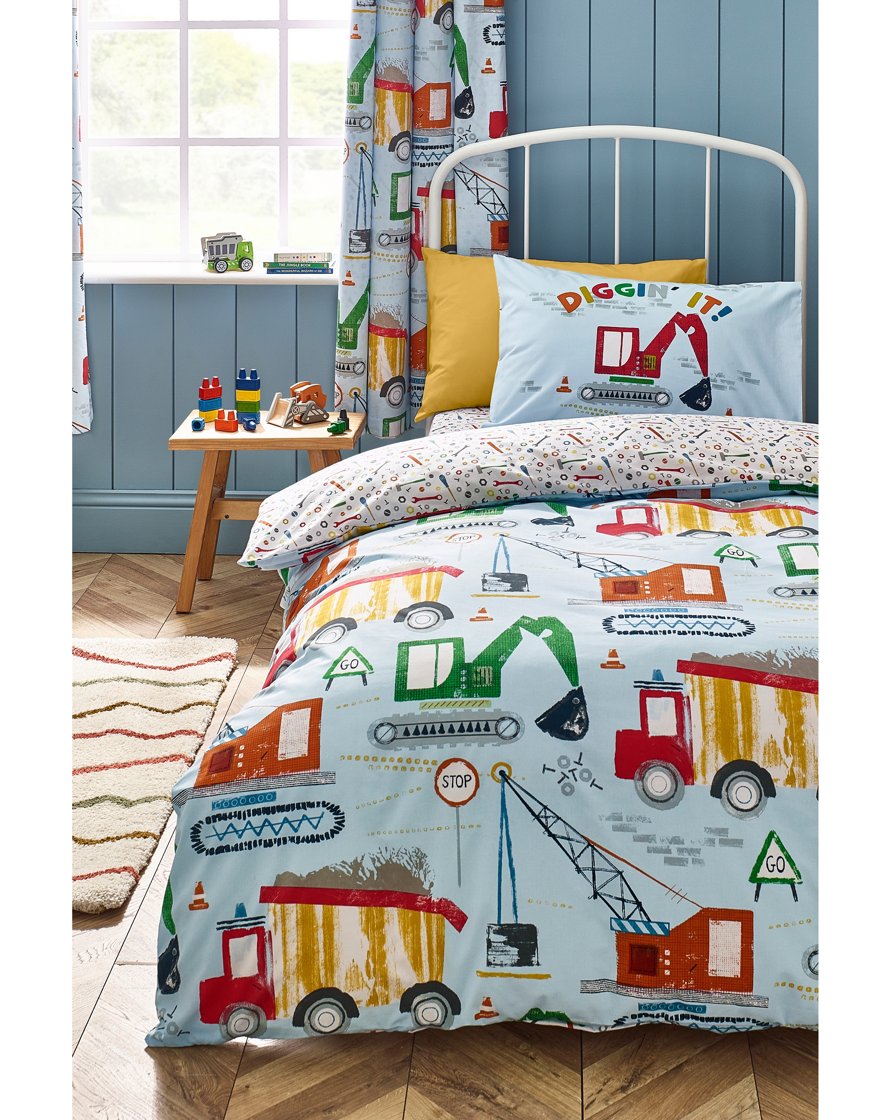 Catherine Lansfield Kids Digger Dreams Reversible Junior Duvet Cover Set With Pillowcase Blue - Image 5